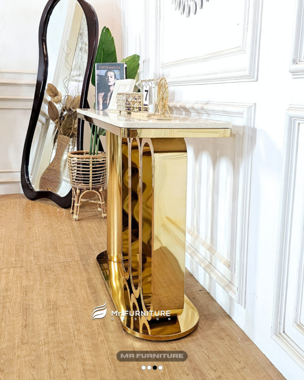 meja konsul model 1000 stainless gold top marmer krem