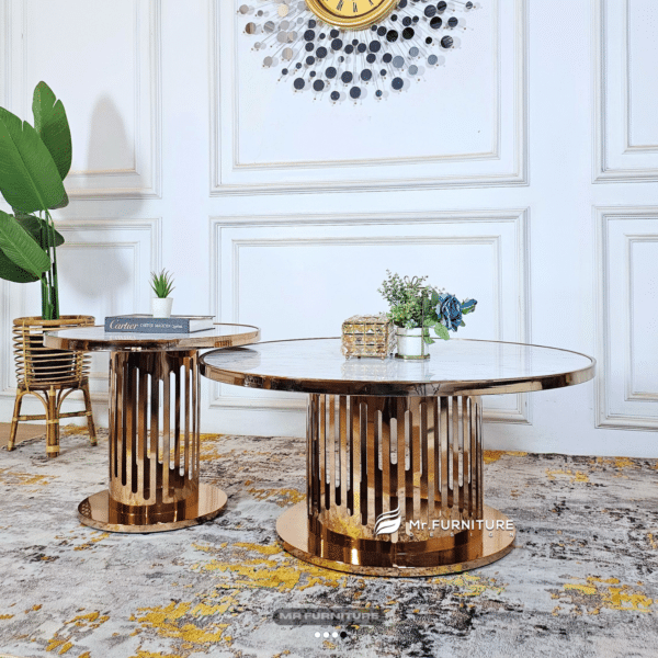 meja tamu nesting bulat stainless rose gold top marmer putih carrara d 100 & 60 cm