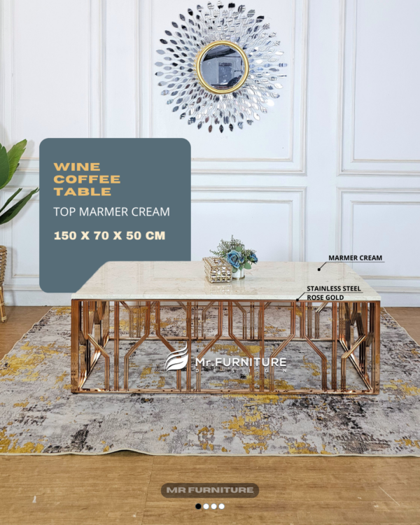 meja tamu wine stainless rose gold top marmer krem ukuran 150x70x50 cm
