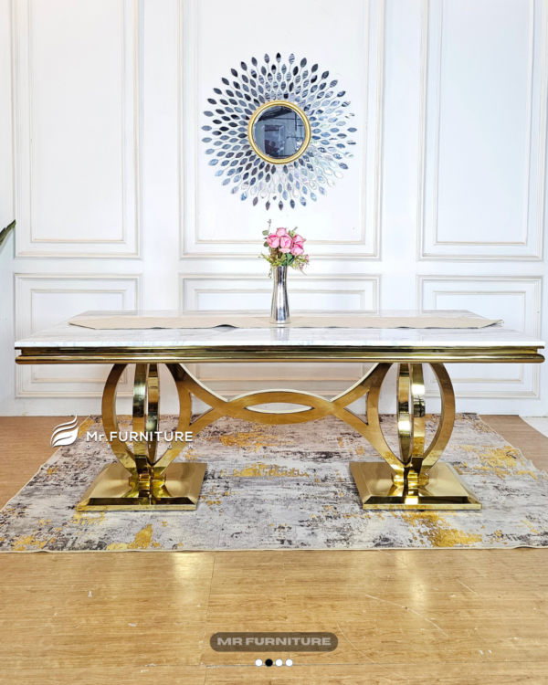 meja makan stainless gold top marmer putih carrara