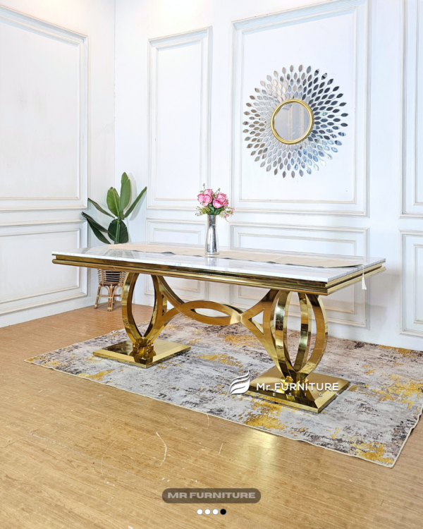 meja makan stainless gold top marmer putih carrara