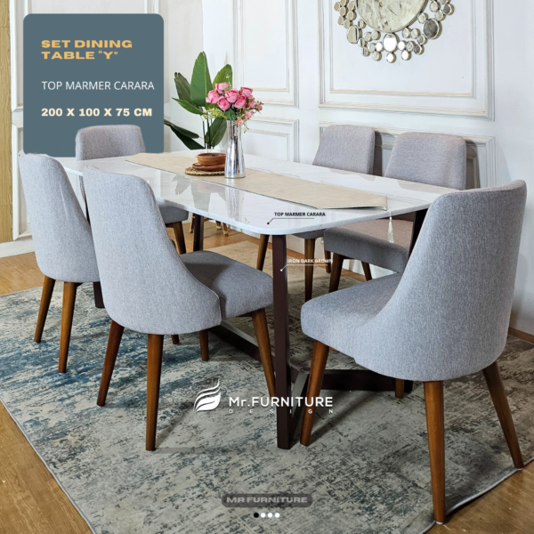 set meja makan y duco coklat top marmer putih carrara & kursi 6 pc