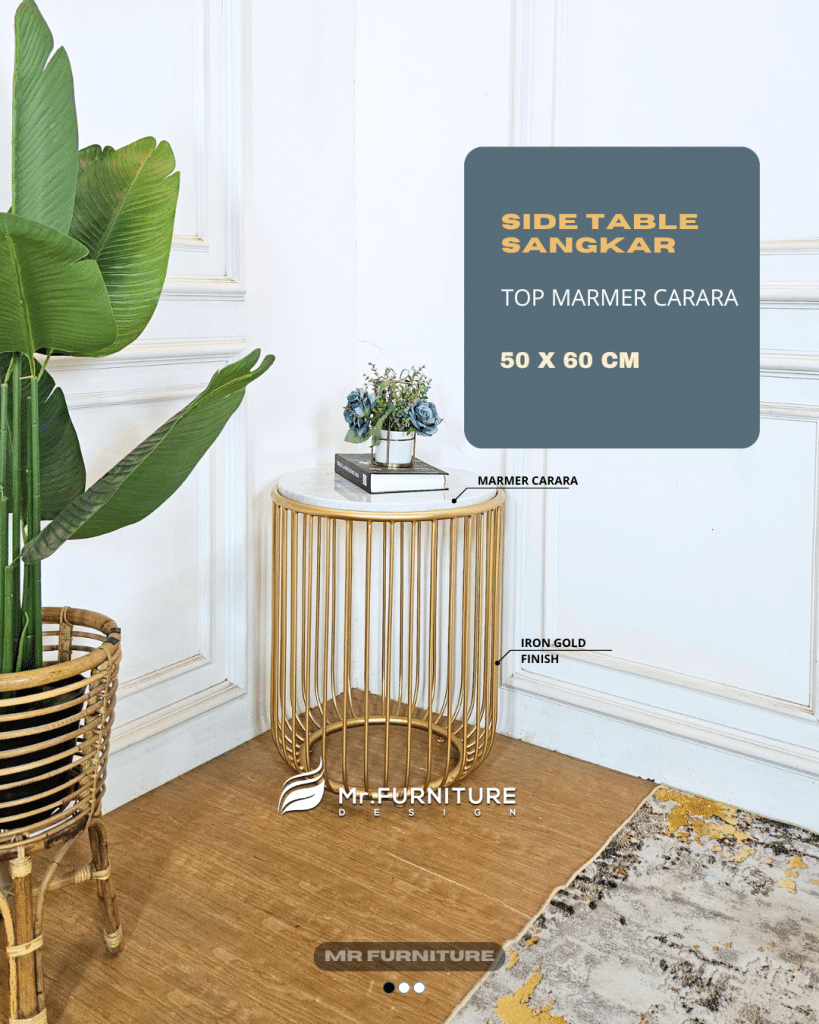 Meja Sudut Sangkar D 50 Cm Marmer Putih Karrara, Sudut Meja Besi Gold Bulat Modern Ruang Tamu