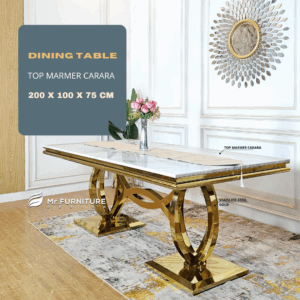 meja makan stainless gold top marmer putih carrara