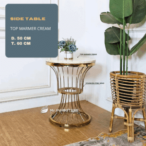 meja sudut model spiral stainless gold top marmer krem