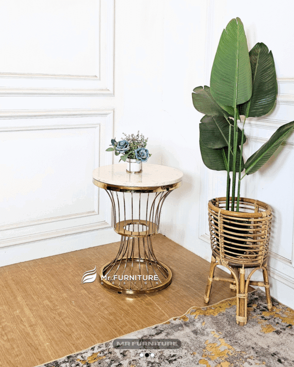 meja sudut model spiral stainless gold top marmer krem