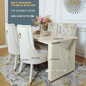 set meja makan kaki salur top marmer krem & kursi ring gold 4pc
