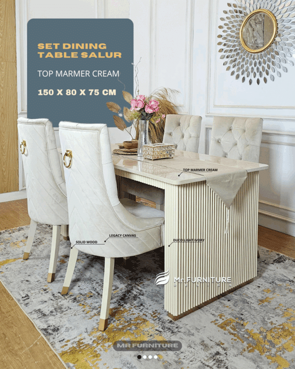 set meja makan kaki salur top marmer krem & kursi ring gold 4pc