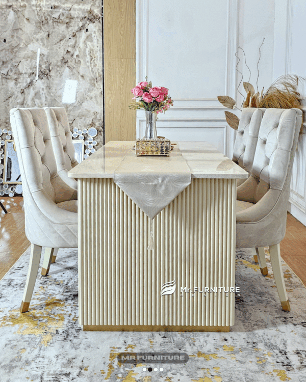 set meja makan kaki salur top marmer krem & kursi ring gold 4pc