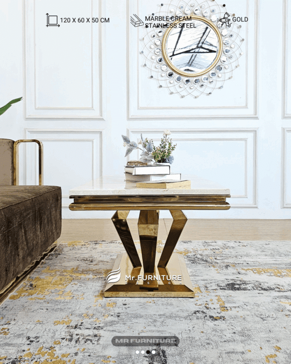 meja tamu diamond stainless gold top marmer krem