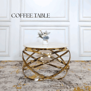 meja tamu bulat spiral stainless gold top marmer krem