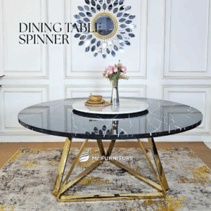 meja makan kaki stainless model bulat putar top putih carrara dan marmer hitam nero