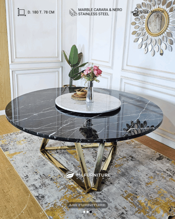 meja makan kaki stainless model bulat putar top putih carrara dan marmer hitam nero