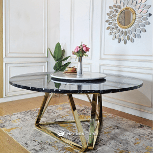 Meja Makan Modern, Makan Model Spinner Marmer Mix, Meja Ruang Makan Stainless Gold