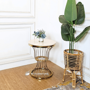 Meja Sudut Marmer Krem Stainless Gold Untuk Ruang Tamu, Side Table Minimalis Model Spiral Bulat Untuk Sofa