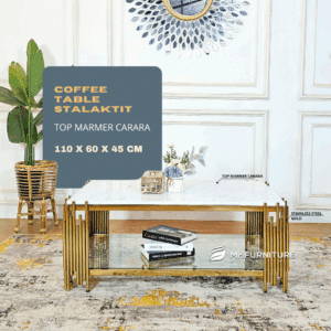 meja tamu kotak stalaktit stainless gold top marmer carrara ambalan kaca