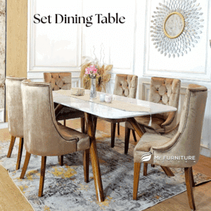 set meja makan kaki kayu top marmer putih carrara dan kursi 6pc