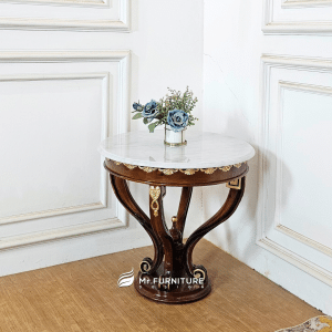 Meja Kayu Untuk Sudut Ruangan Klasik Marmer Carrara, Meja Sudut Kayu Top Marmer Putih Karrara D 60 Cm