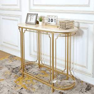 meja konsul minimalis oval klasik marmer krem, 100x40x80 cm konsul meja ruang tamu besi gold