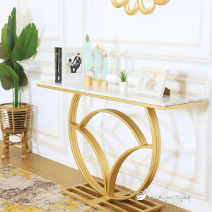 135x35x80 cm meja konsul hias besi gold, konsul table minimalis top marmer putih karrara untuk ruang tamu