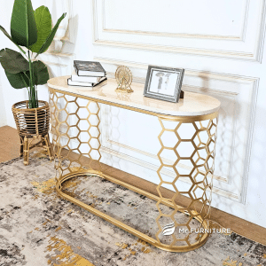 120x40x80 cm konsul table aesthetic honeycomb marmer krem, meja tamu konsul besi gold minimalis