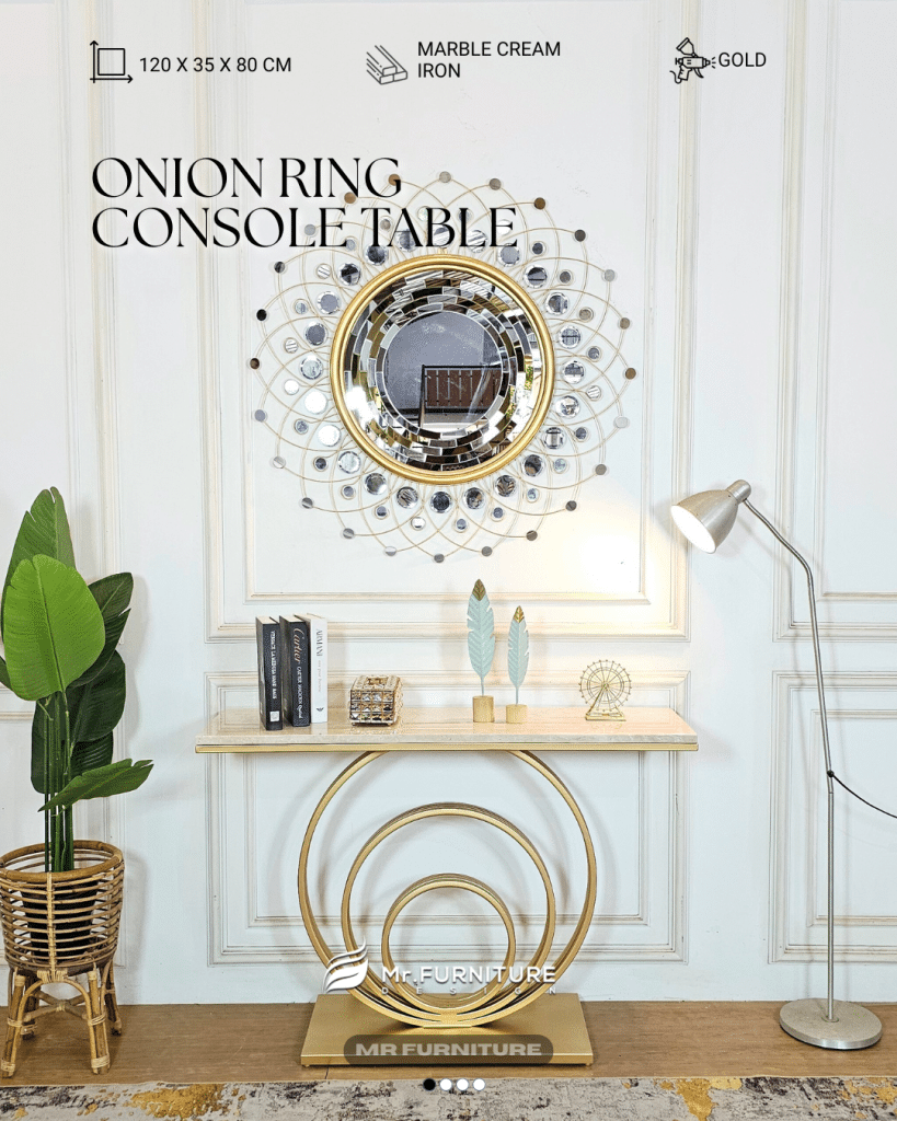 konsul meja tamu besi gold minimalis modern marmer krem, 120x35x80 cm meja tamu konsul onion ring