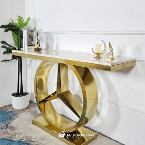 konsol table 140x40x85 cm stainless gold mewah, meja konsul top marmer krem model mersi modern