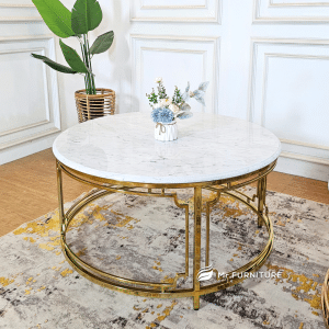 klasik coffe table bulat d 100 cm minimalis modern, meja ruang tamu bulat klasik stainless gold marmer putih