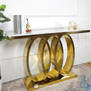 console table 140x40x85 cm audi stainless gold, meja tamu konsul minimalis top marmer putih karrara