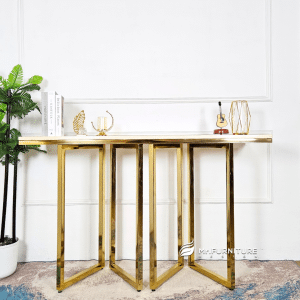 meja hias konsul stainless gold modern double v, 140x40x85 cm konsul meja tamu mewah top marmer krem