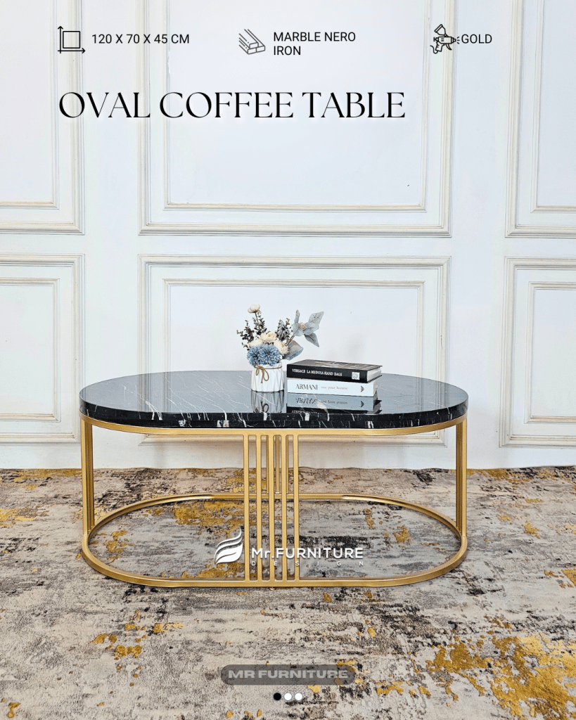 meja tamu oval marmer hitam elegan modern, 120x70x45 cm meja ruang tamu besi gold pipa