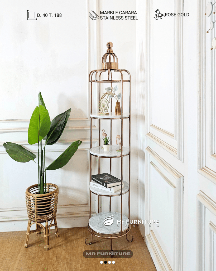 rack sudut notredam marmer carrara stainless steel rose gold, rack sudut mewah elegan estetik