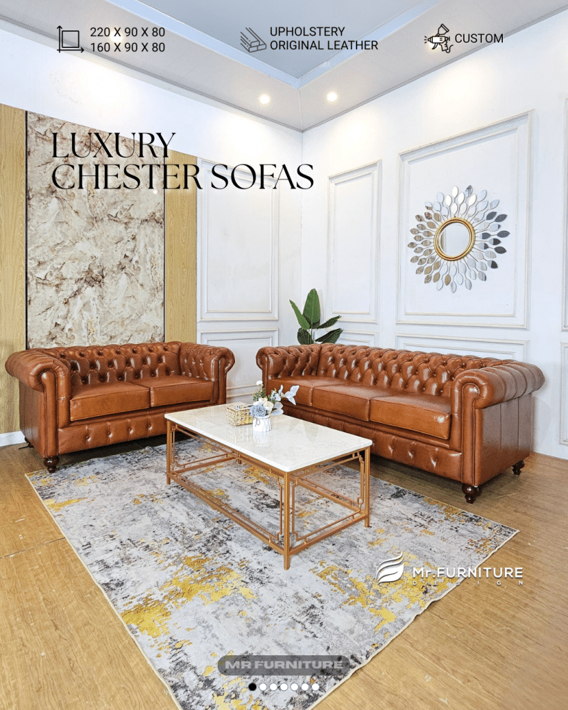 set sofa chester 3 2 seater cover original leather, set living room tema classic mewah dan meja marmer classic