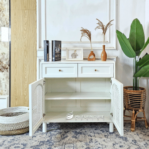 meja buffet scandinavian kayu rotan minimalis, buffet kayu putih modern 90x35x85 cm 2 pintu 2 laci