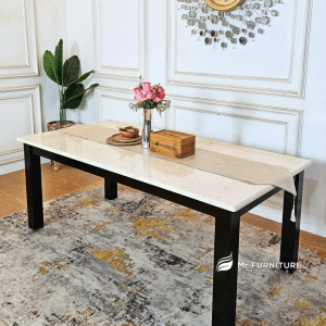 meja makan kayu top marmer krem propil 180x90x70 cm, dining table natural wood minimalis klasik