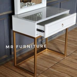 rias meja marmer 1 laci putih kayu modern besi gold, meja rias marmer duco white marmer putih 75x40x155 cm