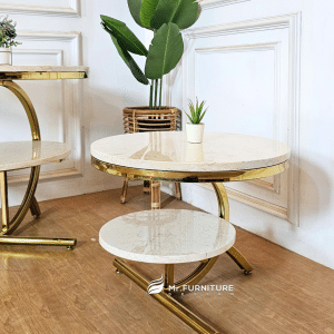 meja ruang tamu sudut ambalan marmer krem stainless gold, tamu sudut minimalis d 60 t 43 d 47 cm