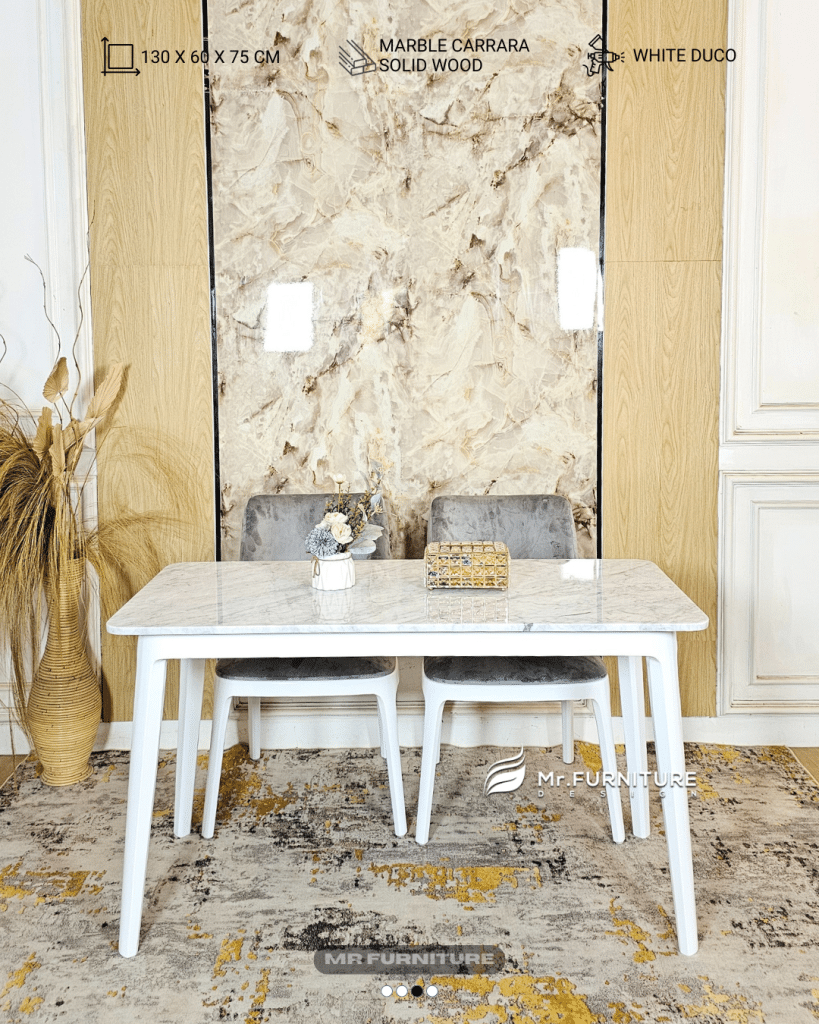 set meja makan top marmer carrara 2 kursi makan 130 x 60 x 75 cm, set meja makan marmer minimalis custom