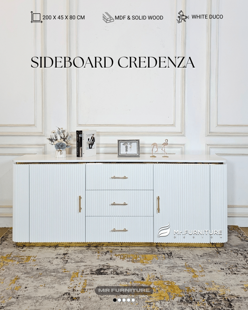 meja sideboard credenza salur top marmer minimalis modern, 200x45x80 cm buffet credenza kayu duco white