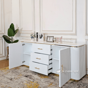 meja sideboard credenza salur top marmer minimalis modern, 200x45x80 cm buffet credenza kayu duco white