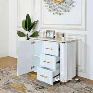 buffet sideboard salur putih liss stainless gold, 100x45x80 cm meja buffet marmer putih karrara minimalis