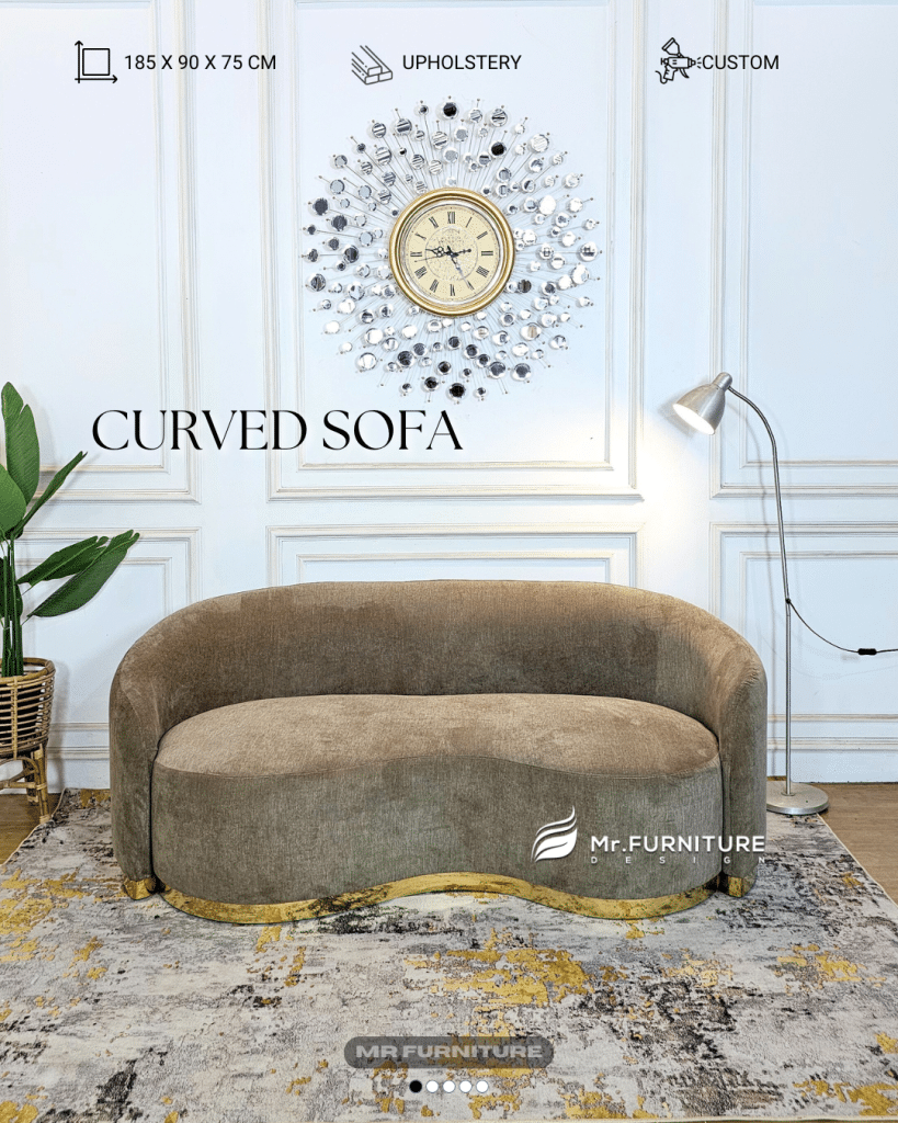 sofa curved ruang tamu kayu modern 185x90x75 cm, sofa ruang tamu liss stainless gold warna netral