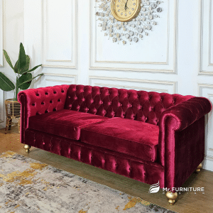 kursi sofa ruang tamu chester putar velvet merah 205 x 90 x 75 cm, chester sofa klasik kayu gold modern