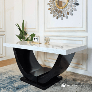 meja makan curva ruang tamu kayu top marmer putih 160x80x75 cm, meja makan minimalis modern kayu marmer carrara