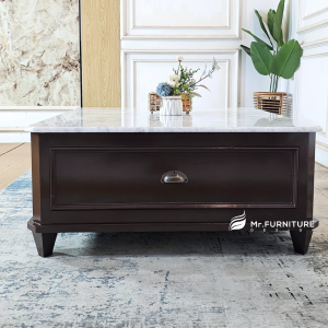 meja ruang tamu kayu kotak minimalis natural top marmer putih, coffe table warna natural 100x100x45 cm kotak