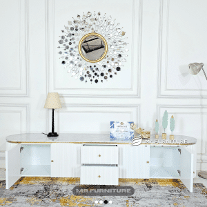 meja ruang tv kayu salur stainless gold 240 x 45 x 50 cm, meja tv marmer putih karrara minimalis