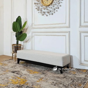 kursi sofa bench minimalis kaki kayu hitam 140x40x35 cm, sofa bench kayu unik warna netral
