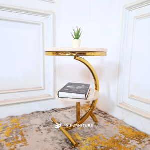 meja sudut mushroom ambalan marmer krem modern, sidetabler mushroom stainless gold d 40 t 55 cm