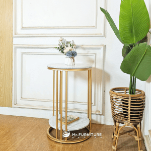 meja ruang tamu sudut pipa ambalan marmer putih d 45 t 70 cm, sudut meja minimalis besi gold top marmer karrara