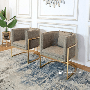 kursi teras modern estetik vienna coklat bulat lengkung, kursi tamu teras besi gold bulat custom